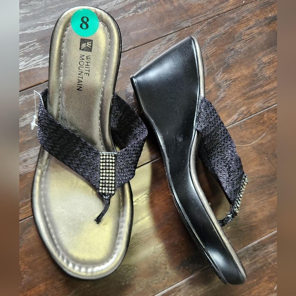 White Mountain Black Wedge Thong Sandals with Rhinestone Accent - New